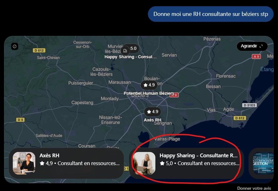 Capture d'une réponse ChatGPT à la requête « une consultante RH sur Béziers » : sur la carte des résultats, Happy Sharing apparaît notée 5,0 parmi trois cabinets proposés.