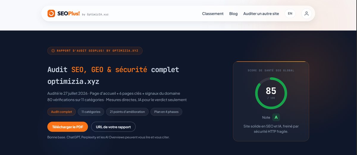 Capture d'un rapport SEOPlus! affichant un score de santé SEO de 85 sur 100 et la note A pour le site optimizia.xyz.